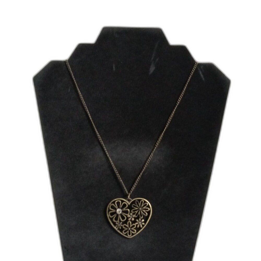 Brassy Gold Toned Filigree Flowers Heart Shaped Pendant Single Strand Necklace